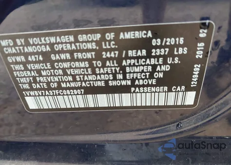 2015 Volkswagen Passat 2.0L Tdi Se from USA, damaged, VIN 1VWBV7A37FC082907